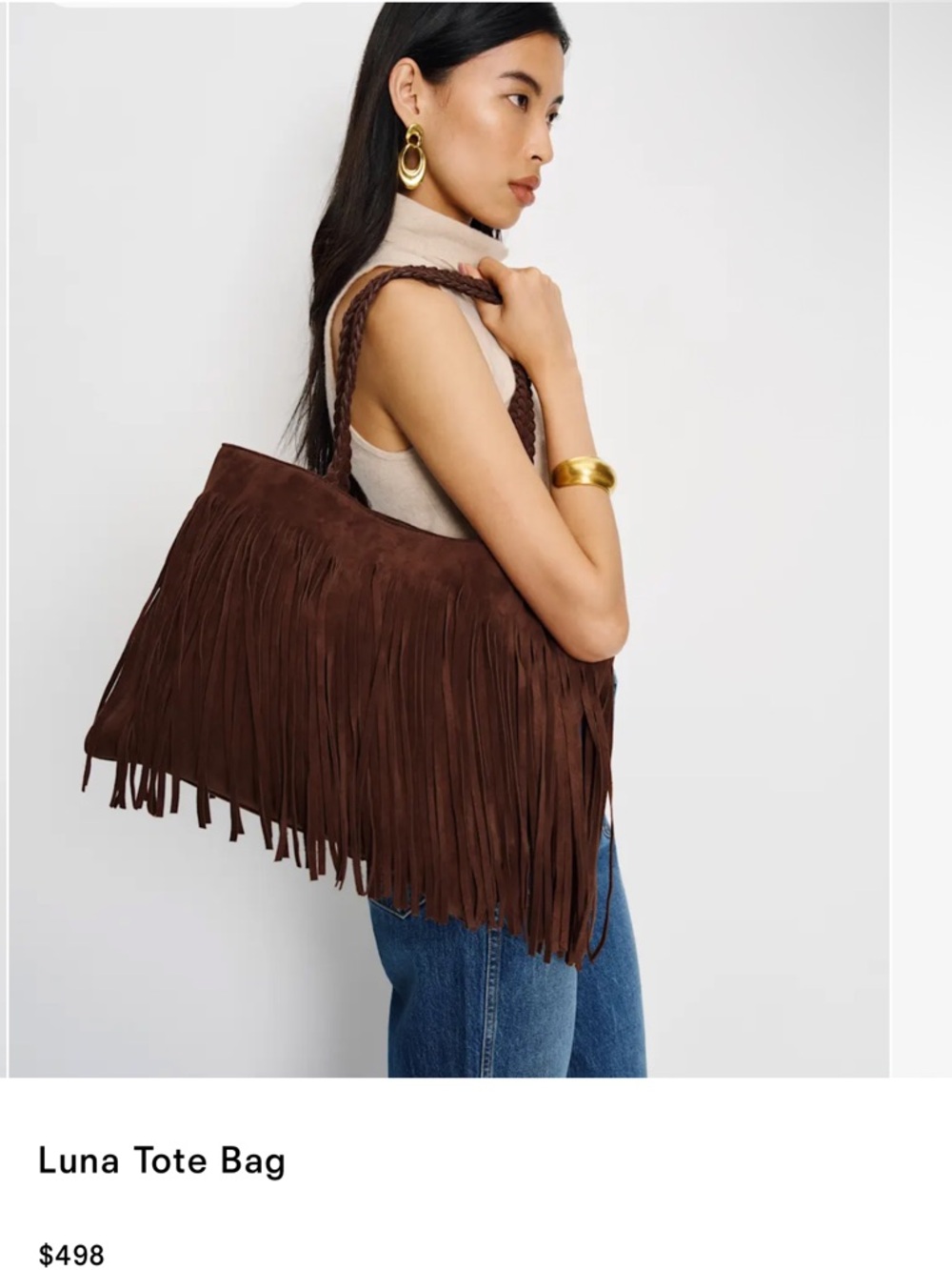 NWT Reformation Luna Fringe Tote Bag - espresso suede